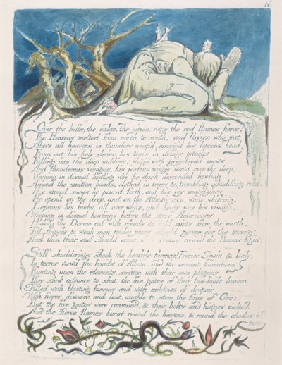 "Over the hills...", deska 18 z knihy "America: (reliéfní lept tištěný modře perem a tuší a čb), 1793. od William Blake